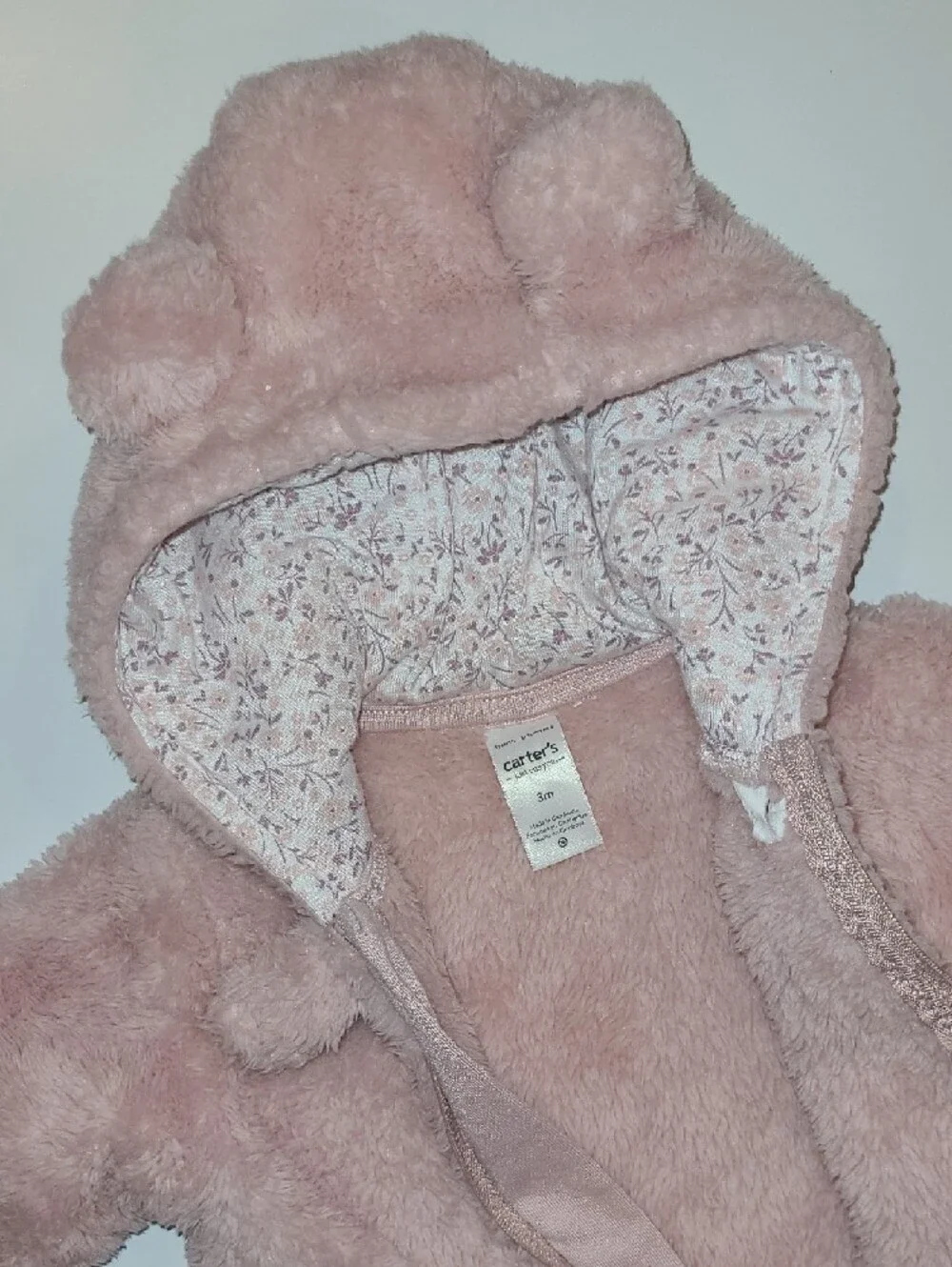 Carter's Plush Pink Bear Hooded Footie One-Piece Pram 3 Months